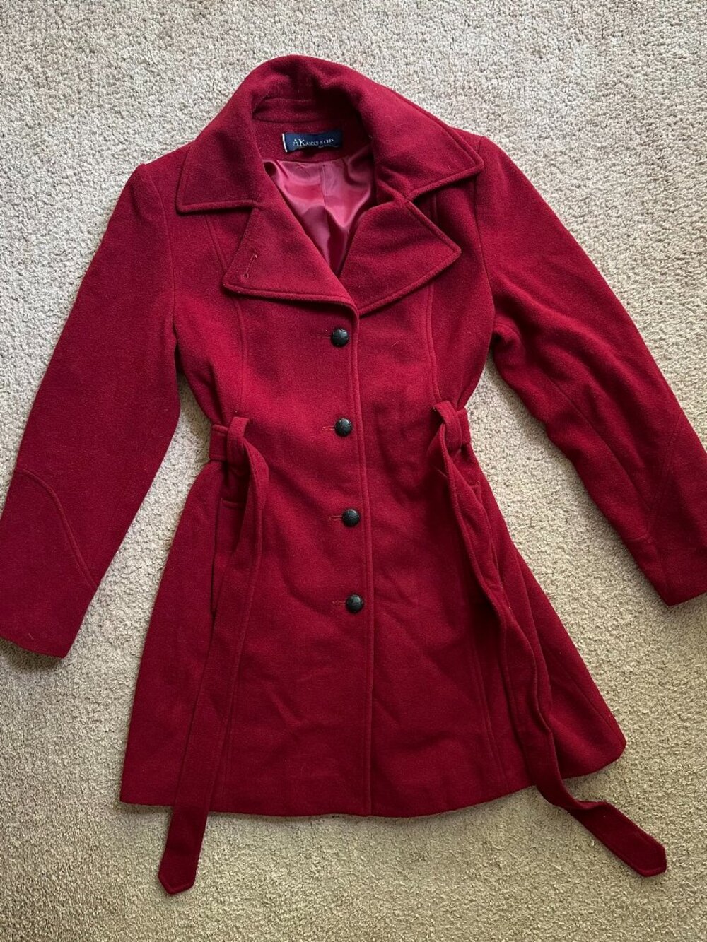 Anne Klein Pea Coat Womens Petite Large Red Wool Blend Belted